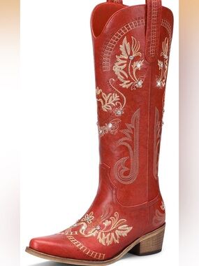 Lumeheel Women's Red Embroidered Western Knee-High Boot